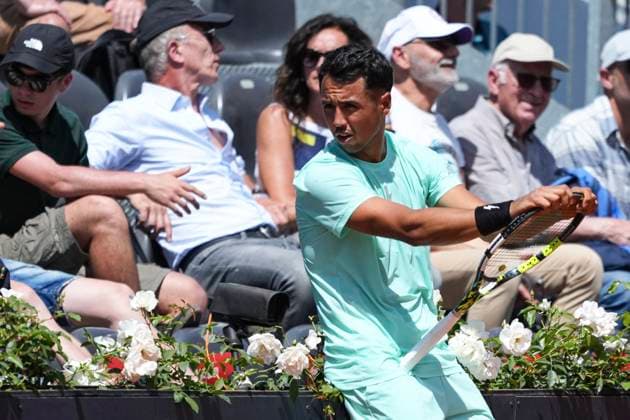 Hugo Dellien of Bolivia reacts during the match against Alex de Minaur of Australia at the Internazionali BNL d Italia 2025 tennis tournament at Foro Italico in Rome, Italy on May 12, 2025. Alex de Minaur won 6-4, 6-4 over Hugo Dellenof. AntoniettaxBaldassarre