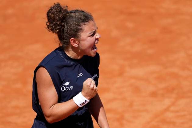 Jasmine Paolini of Italy celebrates during the match against JeÄ¼ena Ostapenko of Latvia at the Internazionali BNL d Italia 2025 tennis tournament at Foro Italico in Rome, Italy on May 12, 2025. Jasmine Paolini won 7-5, 6-2. AntoniettaxBaldassarre