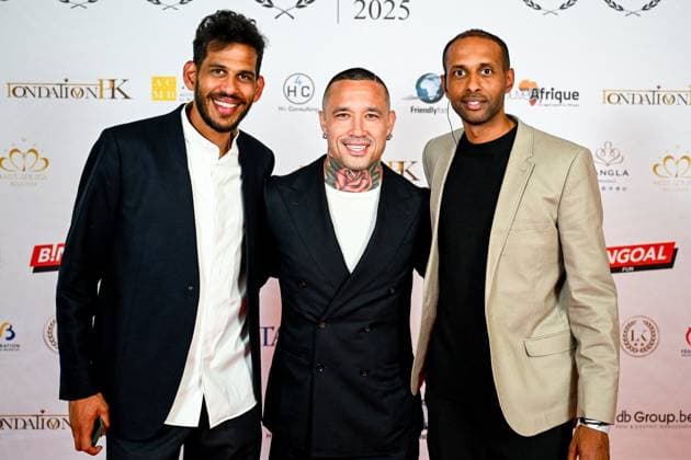Sport Bilder des Tages African Awards Gala 2025 WOLUWE, BELGIUM - MAY 12 : Haroun Faris former player of Royal Antwerp FC, Nainggolan Radja of KSC Lokeren-Temse and Haroun Nadjim during the 34th edition of the Belgian African Award Ceremony 2025 given to the best player of African origin in the Belgian football championship on May 12, 2025 in Woluwe, Belgium, 12 05 2025  Copyright: xTomasxSiskx