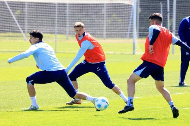 DEU, DFL, 2 FBL Hertha BSC, Training, 13 05 2025, Sportforum, Berlin, DEU, DFL, 2 FBL Hertha BSC, Training, im Bild Ibrahim Maza Hertha BSC Berlin 10 , Michael Cuisance Hertha BSC Berlin 27 , Diego Demme Hertha BSC Berlin 6 DFL regulations prohibit any use of Photographs as image sequences and or quasi video nordphotoxGmbHx xEngler nph00076
