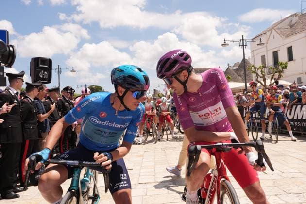 Lorenzo Fortunato Blue Jersey and and Alessandro Tonelli Ciclamin Jersey during the stage 4 of the Giro d™Italia from Alberobello (Pietramadre) to Lecce, Italy - Tuesday, May 13, 2025. - cycling.  Copyright: xMassimoxPaolone LaPressex