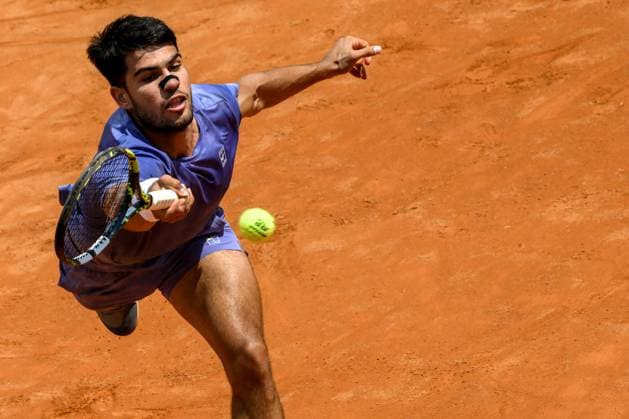 Carlos Alcaraz of Spain during the match against Karen Khachanov of Russia at the Internazionali BNL d Italia 2025 tennis tournament at Foro Italico in Rome, Italy on May 13, 2025. AndreaxStaccioli