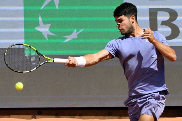 Carlos Alcaraz of Spain during the match against Karen Khachanov of Russia at the Internazionali BNL d Italia 2025 tennis tournament at Foro Italico in Rome, Italy on May 13, 2025. AndreaxStaccioli