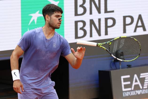 May 13, 2025, Rome, Celestynow, Italy: CARLOS ALCARAZ of Spain during the match against K. Khachanov at the ATP, Tennis Herren Internazionali BNL d Italia 2025 Italian Open tennis tournament at Foro Italico in Rome, Italy. Alcaraz won 6:3, 3:6, 7:5 Rome Italy - ZUMAc278 20250513_zsp_c278_025 Copyright: xMarcinxCholewinskix