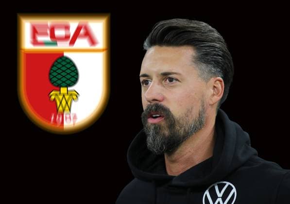 ATTENTION PHOTO MONTAGE Rumors and speculations are currently going around that Sandro Wagner could possibly become coach of FC Augsburg for the new season. Here with the logo, blurred in the background.