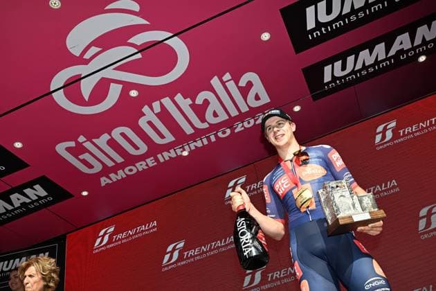 May 13, 2025, Lecce, ITALY: Dutch rider Casper Cornelis Van Uden of Team Picnic Postnl celebrate on the podium after winning the 4th stage of the 108 Giro d Italia 2025, cycling race over 189 km from Alberobello to Lecce. Lecce, Italy, 13 May 2025. ANSA LUCA ZENNARO. Giro D Italia Cycling Tour - 4 Stage  - ZUMAa110 20250513_zaf_a110_026 Copyright: xLucaxZennarox