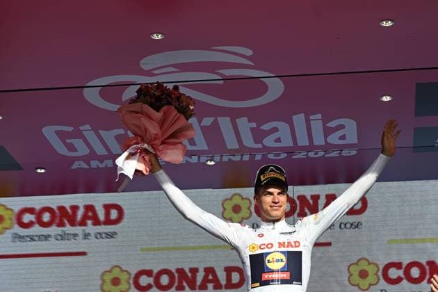 May 13, 2025, Lecce, ITALY: Cech rider Mathias Vacek of Lidl -Trek team retaining the best young rider s white jersey celebrate on the podium after 4th stage of the 108 Giro d Italia 2025, cycling race over 189 km from Alberobello to Lecce. Lecce, Italy, 13 May 2025. ANSA LUCA ZENNARO. Giro D Italia Cycling Tour - 4 Stage  - ZUMAa110 20250513_zaf_a110_029 Copyright: xLucaxZennarox
