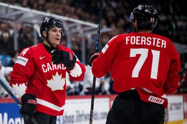 250513 Bo Horvat of Canada celebrates after scoring 1 0 during the 2025 IIHF Ice Hockey World Championship group stage game between Canada and France on May 13, 2025 in Stockholm Photo Maxim Thore BILDBYRAN kod MT MT0814 ishockey ice hockey ishockey vm 2025 vm 2025 iihf world championship kanada canada frankrike france bbeng jubel  Copyright: MAXIMxTHORE BB250513MT005