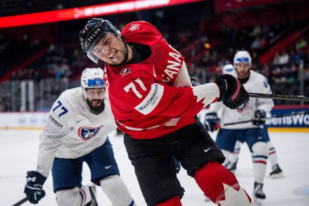 250513 Tyson Foerster of Canada during the 2025 IIHF Ice Hockey World Championship group stage game between Canada and France on May 13, 2025 in Stockholm Photo Maxim Thore BILDBYRAN kod MT MT0814 ishockey ice hockey ishockey vm 2025 vm 2025 iihf world championship kanada canada frankrike france bbeng bbauto  Copyright: MAXIMxTHORE BB250513MT007