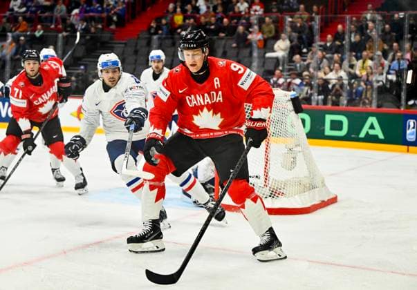 STOCKHOLM, SWEDEN 20250513 France s Vincent Llorca 6 and Canada s Nate MacKinnon 9 during the IIHF Ice Hockey World Championship group A match between Canada and France at Avicii Arena in Stockholm, Sweden, on May 13, 2025 STOCKHOLM SWEDEN x10040x  Copyright: xAndersxWiklund TTx ICE HOCKEY WC CANADA-FRANCE
