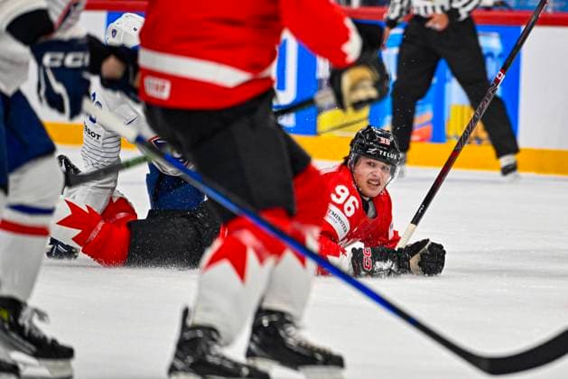 STOCKHOLM, SWEDEN 20250513 Canadas Macklin Celebrini 96 during the IIHF Ice Hockey World Championship group A match between Canada and France at Avicii Arena in Stockholm, Sweden, on May 13, 2025 STOCKHOLM SWEDEN x10040x  Copyright: xAndersxWiklund TTx ICE HOCKEY WC CANADA-FRANCE