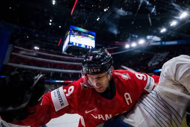 250513 Nathan MacKinnon of Canada during the 2025 IIHF Ice Hockey World Championship group stage game between Canada and France on May 13, 2025 in Stockholm Photo Maxim Thore BILDBYRAN kod MT MT0814 ishockey ice hockey ishockey vm 2025 vm 2025 iihf world championship kanada canada frankrike france bbeng  Copyright: MAXIMxTHORE BB250513MT021