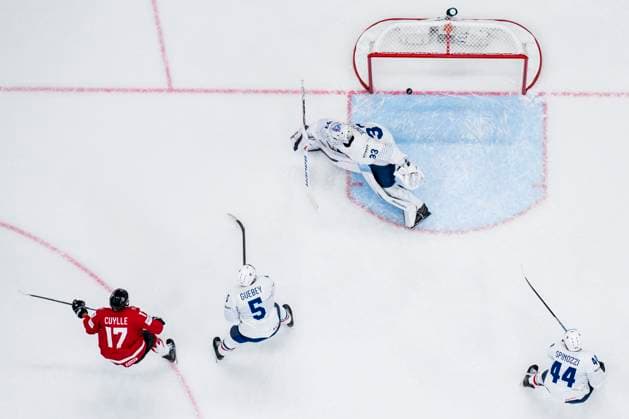 250513 Will Cuylle of Canada scores the 2 0 goal behind goaltender Julian Junca of France during the 2025 IIHF Ice Hockey World Championship group stage game between Canada and France on May 13, 2025 in Stockholm Photo Maxim ThorÃ BILDBYRAN kod MT MT0814 ishockey ice hockey ishockey vm 2025 vm 2025 iihf world championship kanada canada frankrike france bbeng  Copyright: MAXIMxTHORE BB250513MT022