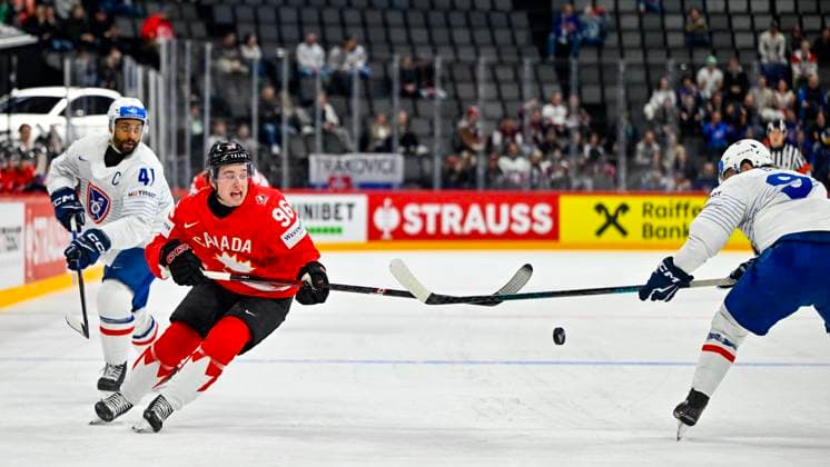 STOCKHOLM, SWEDEN 20250513 Canadas Macklin Celebrini 96 during the IIHF Ice Hockey World Championship group A match between Canada and France at Avicii Arena in Stockholm, Sweden, on May 13, 2025 STOCKHOLM SWEDEN x10040x  Copyright: xAndersxWiklund TTx ICE HOCKEY WC CANADA-FRANCE