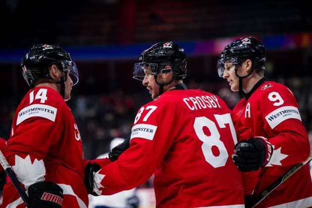 250513 Sidney Crosby of Canada celebrates with Bo Horvat and Nathan MacKinnon after he scored 3 0 during the 2025 IIHF Ice Hockey World Championship group stage game between Canada and France on May 13, 2025 in Stockholm Photo Maxim Thore BILDBYRAN kod MT MT0814 ishockey ice hockey ishockey vm 2025 vm 2025 iihf world championship kanada canada frankrike france bbeng bbauto jubel  Copyright: MAXIMxTHORE BB250513MT035