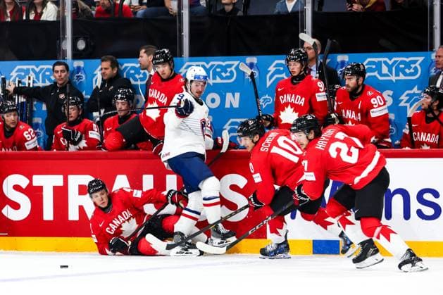 Ice hockey, Eishockey - IIHF WC 2025 STOCKHOLM,SWEDEN,13.MAY.25 - ICE HOCKEY - IIHF Ice Hockey World Championship, WM, Weltmeisterschaft 2025, group stage, Canada vs France. Image shows Ryker Evans (CAN), Alexandre Texier (FRA), Brayden Schenn (CAN) and Barett Hayton (CAN).  GEPAxpictures xMaticxKlansek