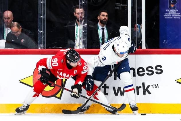 Ice hockey, Eishockey - IIHF WC 2025 STOCKHOLM,SWEDEN,13.MAY.25 - ICE HOCKEY - IIHF Ice Hockey World Championship, WM, Weltmeisterschaft 2025, group stage, Canada vs France. Image shows Ryan O Reilly (CAN) and Charles Bertrand (FRA).  GEPAxpictures xMaticxKlansek
