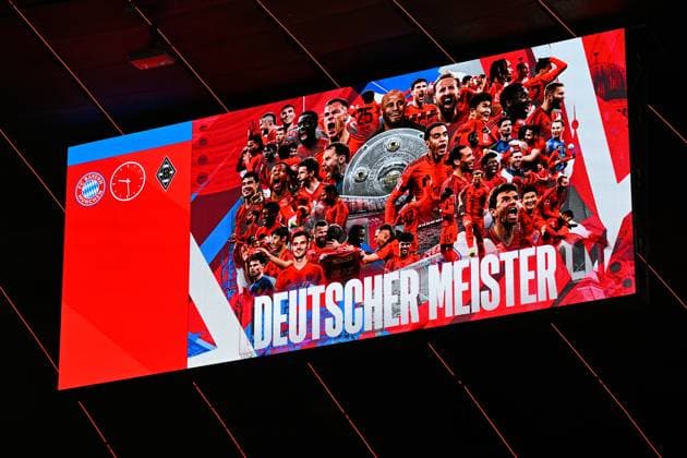 Muenchen, Allianz Arena, 10 05 25, GER, Herren, 1 Bundesliga, Saison 2024 2025, FC Bayern Muenchen Borussia Moenchengladbach Bild Anzeigetafel mit Aufschrift Deutscher Meister DFL regulations prohibit any use of photographs as image sequences and or quasi video Bayern Germany