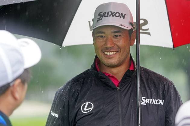 Golf: PGA, Golf Herren Championship Japan s Hideki Matsuyama meets the press after a practice round for the PGA Championship golf tournament at Quail Hollow Club in Charlotte, North Carolina, on May 12, 2025.  A14AA0004542131P