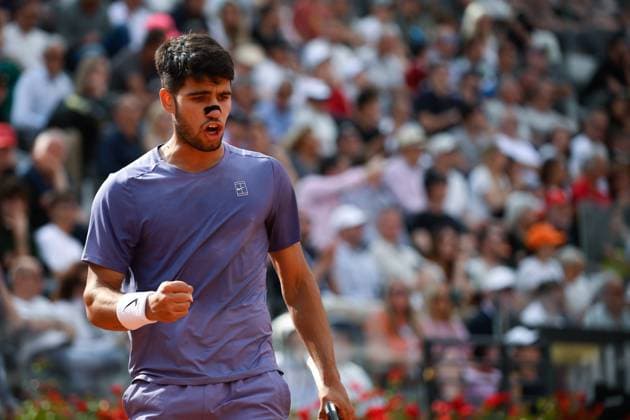 Foto IPP Cavaliere Emiliano. Roma 14 05 2025. Tennis Internazionali d Italia 2025. Nella foto: esulta Carlos Alcaraz. Italy Photo Press - World Copyright italy ITALY  Copyright: xR4924_italyphotopressx