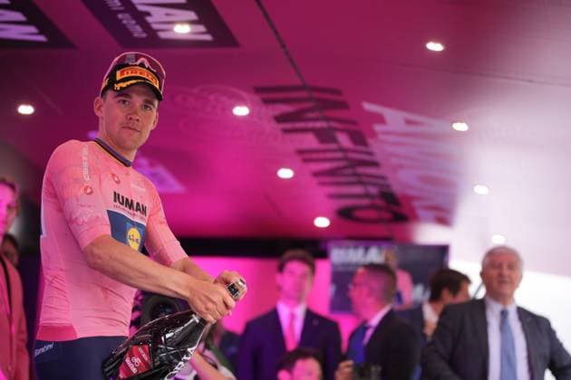 Pedersen Mads of Lidl-Trek pink jersey celebrates as he cycles to the finish line to win during the stage 5 of the Giro d™Italia from Ceglie Messapica to Matera, Italy - Wednesday, May 14, 2025. - cycling.  Copyright: xMarcoxAlpozzi LaPressex