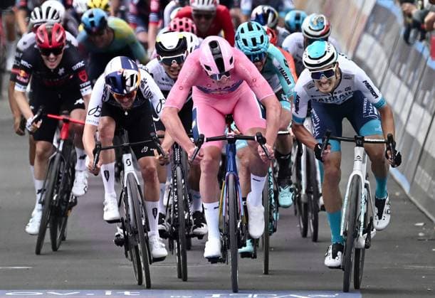 May 14, 2025, Matera, ITALY: Danish rider Mads Pedersen (C) of Lidl - Trek team in action to cross the finish line and win the 5th stage of the Giro d Italia cycling tour over 151 km from Ceglie Messapica to Matera, in Ceglie Messapica, Italy, 14 May 2025. ANSA LUCA ZENNARO. Giro D Italia Cycling Race - Stage 5  - ZUMAa110 20250514_zaf_a110_033 Copyright: xLucaxZennarox