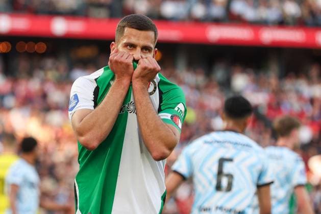 2025-05-14 Feyenoord v RKC Waalwijk - Dutch Eredivisie ROTTERDAM, NETHERLANDS - MAY 14: David Hancko of Feyenoord is disappointed my mssing the goal during the Dutch Eredivisie match between Feyenoord and RKC Waalwijk at Stadion Feijenoord on May 14, 2025 in Rotterdam, Netherlands. Rotterdam Stadion Feijenoord Netherlands Content not available for redistribution in The Netherlands directly or indirectly through any third parties. Copyright: xHansxvanxderxValkx