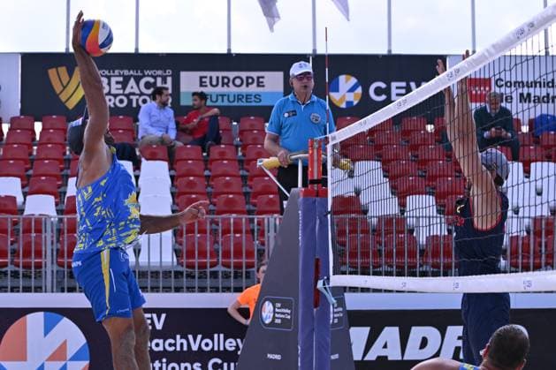 May 14, 2025, Madrid, Madrid, Spain: SERGIY POPOV and JAVIER HUERTA PASTOR competes during the CEV Beach Volley Nations Cup match between SPAIN and UKRAINE at Parque Deportivo Puerta de Hierro on may 14, 2025 in Madrid, Spain. Madrid Spain - ZUMAc312 20250514_zsp_c312_012 Copyright: xOscarxManuelxSanchezx