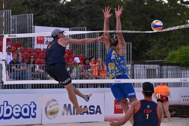 May 14, 2025, Madrid, Madrid, Spain: JAVIER HUERTA PASTOR competes during the CEV Beach Volley Nations Cup match between SPAIN and UKRAINE at Parque Deportivo Puerta de Hierro on may 14, 2025 in Madrid, Spain. Madrid Spain - ZUMAc312 20250514_zsp_c312_023 Copyright: xOscarxManuelxSanchezx