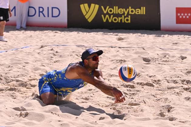 May 14, 2025, Madrid, Madrid, Spain: SERGIY POPOV competes during the CEV Beach Volley Nations Cup match between SPAIN and UKRAINE at Parque Deportivo Puerta de Hierro on may 14, 2025 in Madrid, Spain. Madrid Spain - ZUMAc312 20250514_zsp_c312_044 Copyright: xOscarxManuelxSanchezx