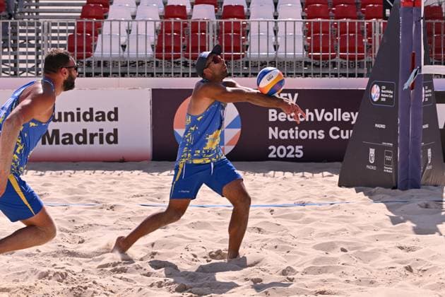 May 14, 2025, Madrid, Madrid, Spain: SERGIY POPOV competes during the CEV Beach Volley Nations Cup match between SPAIN and UKRAINE at Parque Deportivo Puerta de Hierro on may 14, 2025 in Madrid, Spain. Madrid Spain - ZUMAc312 20250514_zsp_c312_065 Copyright: xOscarxManuelxSanchezx