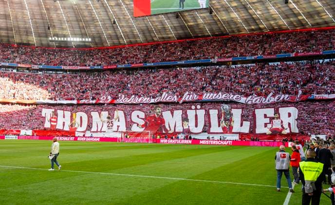 10 05 2025, Football 1 Bundesliga 2024 2025, Matchday 33, FC Bayern Munich Borussia Mönchengladbach, at the Allianz Arena Munich Big choreography by Bayern fans to say goodbye to Thomas Müller FC Bayern Munich
