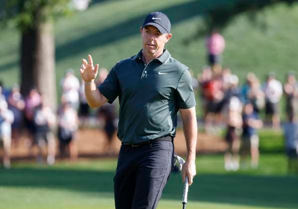 Rory McIlroy of Northern Ireland reacts after making a birdie on the 10th hole in the first round of the 2025 PGA, Golf Herren Championship at the Quail Hollow Club in Charlotte, North Carolina on Thursday, May 15, 2025.  CHA202405152002 TANNENxMAURY
