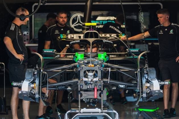 Autodromo Enzo e Dino Ferrari, Imola, Italy.15.May.2025; Mercedes-AMG PETRONAS F1 Team W16 in the garage during Formula One Emilia Romagna Grand Prix  (290607409)