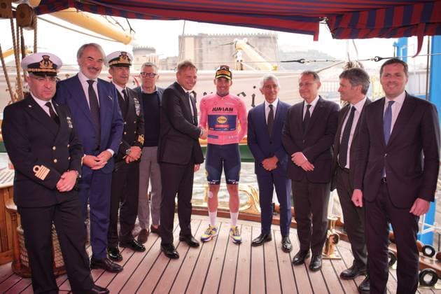 The Giro dÕItalia and the Pink Jersey Mads Pedersen aboard the Amerigo VespucciÕ, Naples, Italy - Thursday, May 15, 2025. - cycling.  Copyright: xMarcoxAlpozzi LaPressex