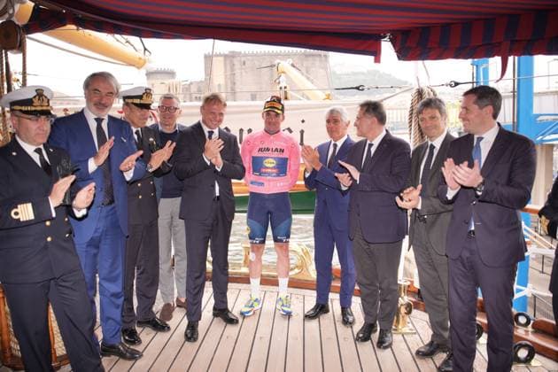 The Giro dÕItalia and the Pink Jersey Mads Pedersen aboard the Amerigo VespucciÕ, Naples, Italy - Thursday, May 15, 2025. - cycling.  Copyright: xMarcoxAlpozzi LaPressex