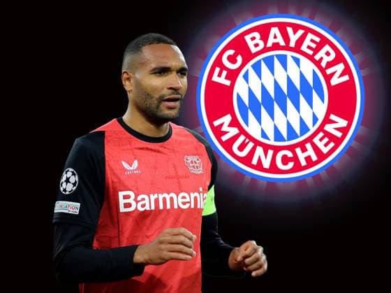 ATTENTION PHOTOMONTAGE Here in the picture Jonathan Tah Bayer 04 Leverkusen who is currently associated with a possible move to FC Bayern Munich, rumor, reports in the background the logo of FC Bayern Munich slightly blurred