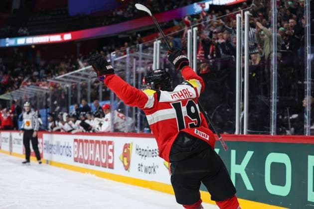 Ice hockey, Eishockey - IIHF WC 2025 STOCKHOLM,SWEDEN,15.MAY.25 - ICE HOCKEY - IIHF Ice Hockey World Championship, WM, Weltmeisterschaft 2025, group stage, Austria vs Canada. Image shows the rejoicing of Vinzenz Rohrer (AUT).  GEPAxpictures xMaticxKlansek