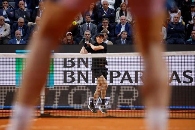 May 15, 2025, Rome, ITALY: Jannik Sinner of Italy during his men™s quarter final match against Casper Ruud of Norway (not pictured) at the Italian Open tennis tournament in Rome, Italy, 15 May 2025. ANSA FABIO FRUSTACI. Match Perfetto Sinner, Ruud Travolto E Semifinale Roma  - ZUMAa110 20250515_zaf_a110_052 Copyright: xAnsa FabioxFrustacix