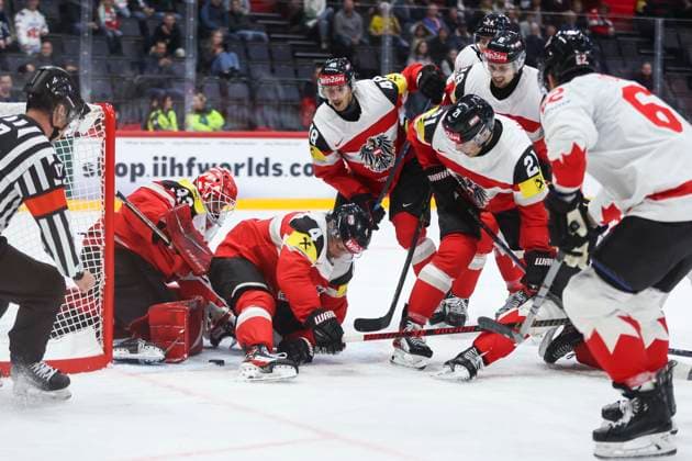 Ice hockey, Eishockey - IIHF WC 2025 STOCKHOLM,SWEDEN,15.MAY.25 - ICE HOCKEY - IIHF Ice Hockey World Championship, WM, Weltmeisterschaft 2025, group stage, Austria vs Canada. Image shows Florian Vorauerer, Ramon Schnetzer, Lucas Thaler and Lukas Haudum (AUT).  GEPAxpictures xMaticxKlansek