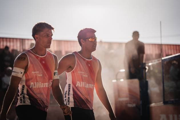 Beach volleyball men Allianz German Beach Tour 2025 Tourstop Düsseldorf 15 05 2025 f l Luis Kubo and Jonas Kaminski Düsseldorf Robert Lehr Ufer North Rhine-Westphalia Germany