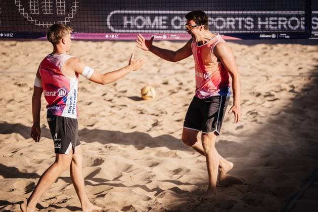 Beach volleyball men Allianz German Beach Tour 2025 Tourstop Düsseldorf 15 05 2025 f l Luis Kubo and Jonas Kaminski Düsseldorf Robert Lehr Ufer North Rhine-Westphalia Germany