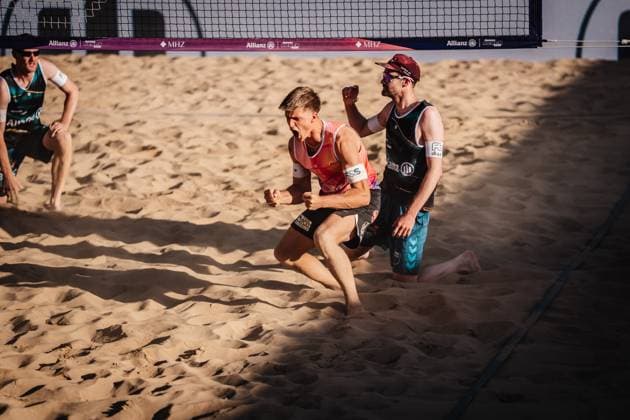 Beach volleyball men Allianz German Beach Tour 2025 Tourstop Düsseldorf 15 05 2025 Luis Kubo cheers Düsseldorf Robert Lehr Ufer Nordrhein Westfalen Germany