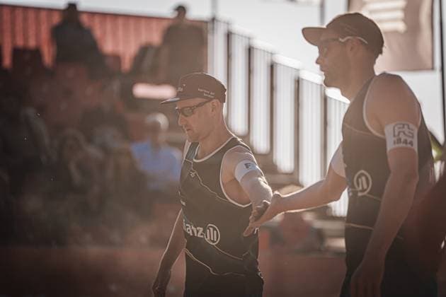 Beach volleyball men Allianz German Beach Tour 2025 Tourstop Düsseldorf 15 05 2025 f l Yannick and Manuel Harms Düsseldorf Robert Lehr Ufer Nordrhein Westfalen Germany