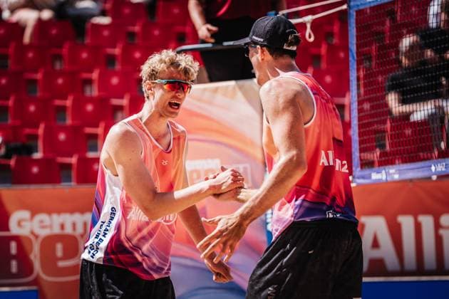 Beach volleyball men Allianz German Beach Tour 2025 Tourstop Düsseldorf 15 05 2025 f l Tamo Wüst and Tristan Fröbel Düsseldorf Robert Lehr Ufer North Rhine-Westphalia Germany