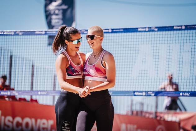 Beach volleyball women Allianz German Beach Tour 2025 Tourstop Düsseldorf 15 05 2025 f l Sophia Neuß and Mareet Maidhof Düsseldorf Robert Lehr Ufer Nordrhein Westfalen Germany