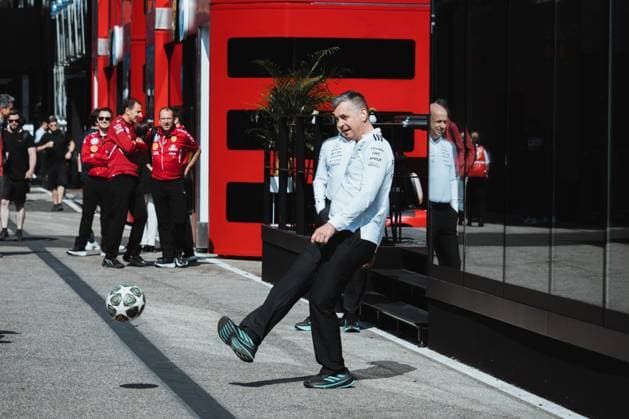 May 15, 2025, Imola, Bologna, Italy: Mercedes employers playing football in the paddock of the Formula 1 Emilia-Romagna Grand Prix on media day Imola Italy - ZUMAr193 20250515_zsp_r193_003 Copyright: xSaraxRuffonix