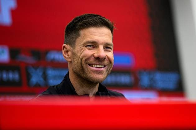 LEVERKUSEN, GERMANY - 16 MAY, 2025: - Xabi Alonso. press conference, PK, Pressekonferenz The Bundesliga match FC Bayer 04 Leverkusen vs 1.FC Mainz 05 at BayArena.  Copyright: xx