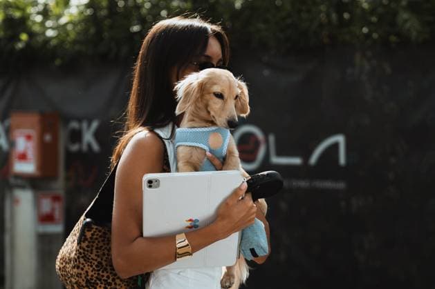 May 16, 2025, Imola, Bologna, Italy: ALEXANDRA SAINT MLEUX (CHARLES LECLERC partner) with their dog LEO entering the Formula 1 paddock at the Emilia-Romgna Grand Prix 2025 Imola Italy - ZUMAr193 20250516_zsp_r193_006 Copyright: xSaraxRuffonix