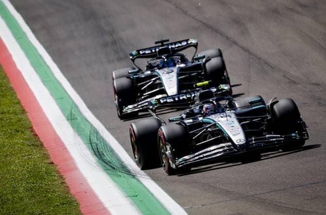 IMOLA - George Russell (Mercedes) and Kimi Antonelli (Mercedes) during the first free practice session at the Autodromo Internazionale Enzo e Dino Ferrari ahead of the Emilia-Romagna Grand Prix. ANP SEM VAN DER WAL xVIxANPxSportx xxANPxIVx 527652075 originalFilename: 527652075.jpg